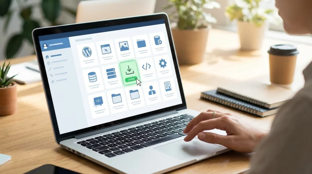 Person using a one-click installer in a hosting control panel to install WordPress