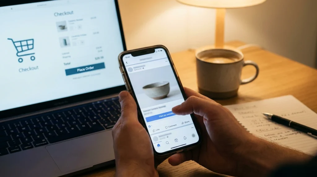Shopper tapping a product on a social media app and completing checkout on the stores own website after Meta removed native checkout