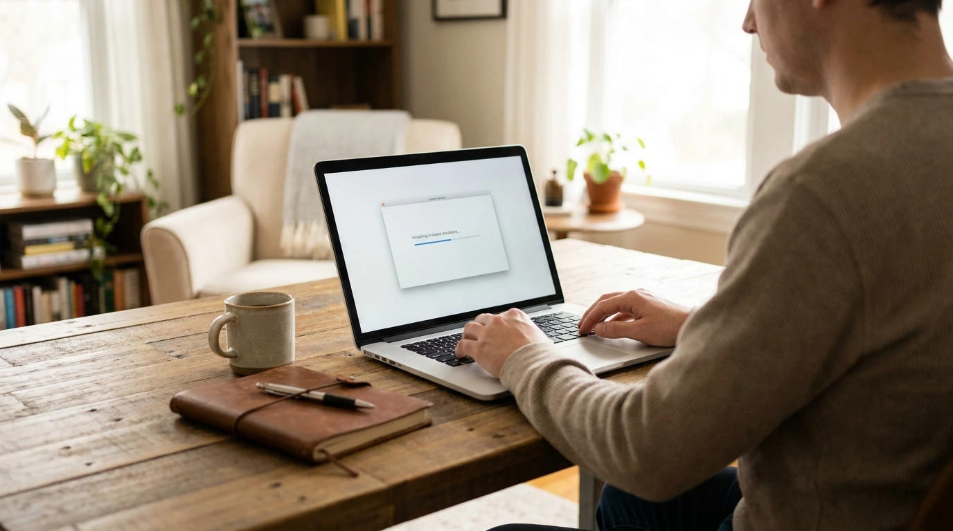 Small business owner installing WordPress on a laptop at a home office desk