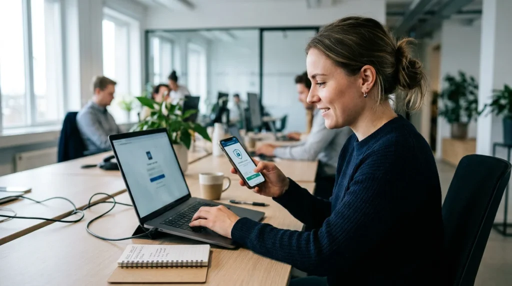 Social media manager approving a multi-factor authentication prompt on a phone to secure a company social media account
