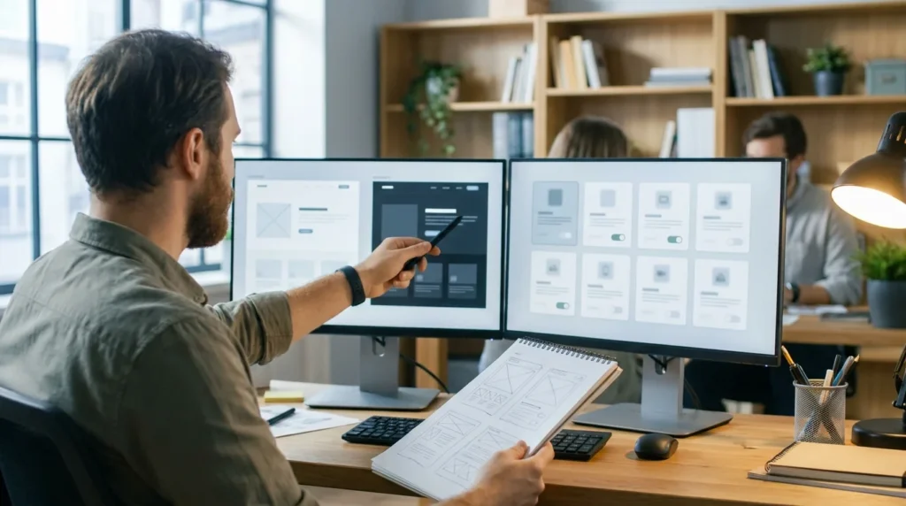 Web designer comparing WordPress themes and choosing plugins on a dual-monitor setup