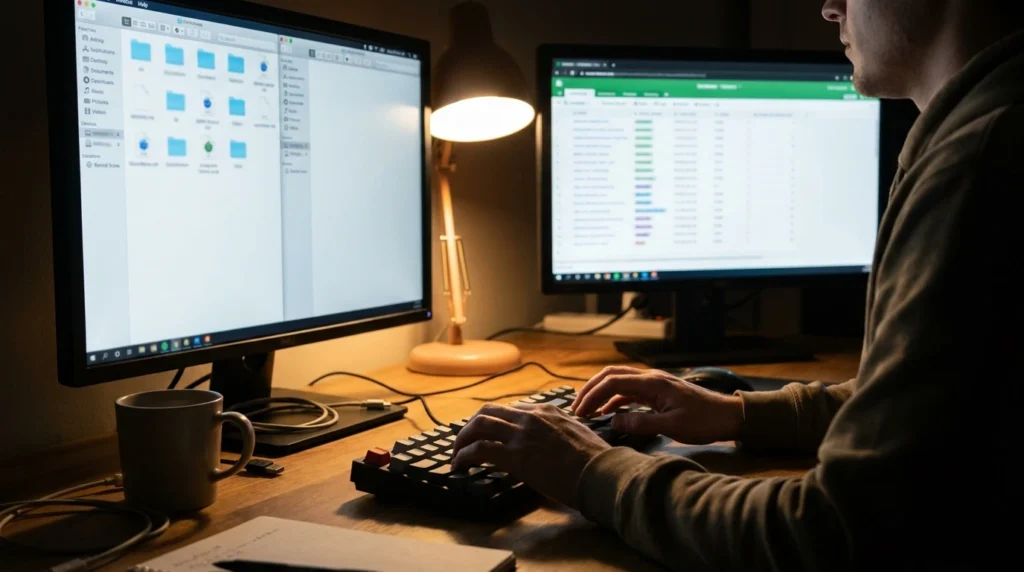 Web developer installing WordPress manually using SFTP file transfer and a database tool